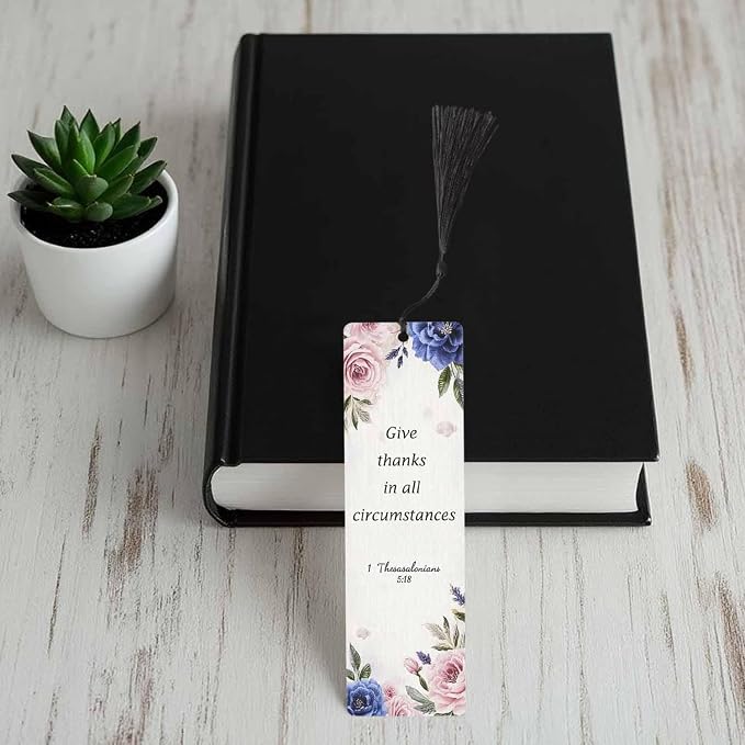 Pink Blue Flowers 5 Pcs Bookmarks Give Thanks Bible Word Wooden Bookmarks with Tassel for Students Reader Teachers Book Lovers