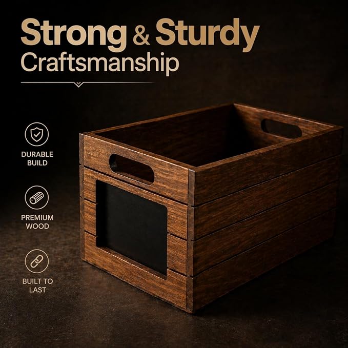 Wooden Storage Crate with Chalkboard Label – Rustic Organizer Box for Home, Office, Closet, Pantry Shelf, Decorative Storage Bin with Handles