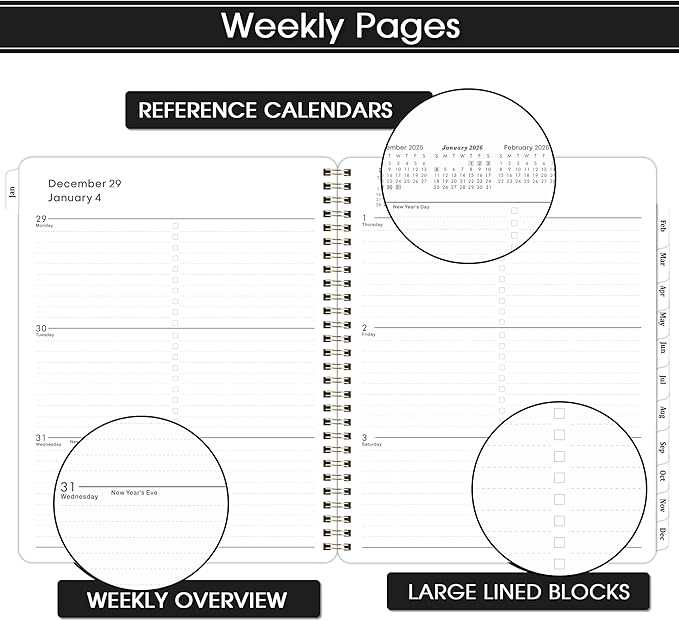 2026 Planner - Calendar/Planner 2026 Weekly and Monthly with Tabs, 8" x 10", Jan. 2026 - Dec. 2026, Flexible Cover + Twin-Wire Binding + Calendars, Daily Organizer - Black
