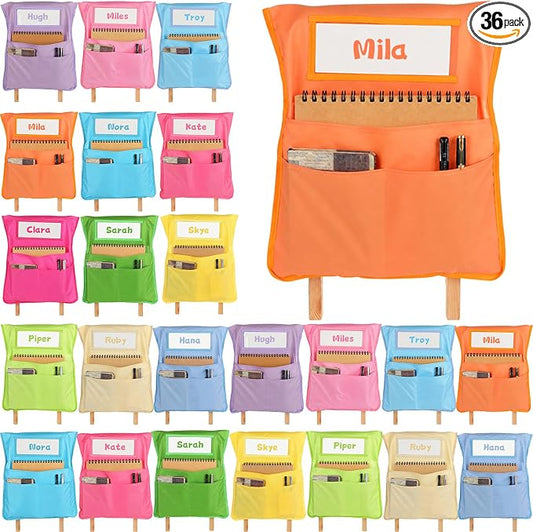36pcs for Classroom 16.3x19.7inch Classroom Chair Pockets with Name Tag 3 Pockets Chair Organizer for Teacher Student School Office(Pastel)