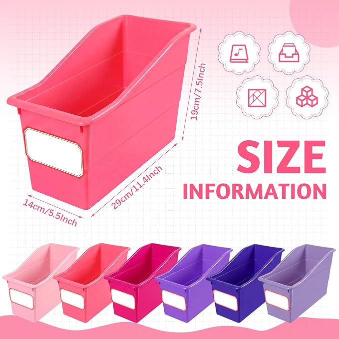 Teling 12 Pcs Book Bins Bulk - Plastic Book Storage Bin with Labels for Classroom Interlocking Magazine Holder Organizer Binder Container Box for School Office Desktop Bookshelf Home (Pink Purple)