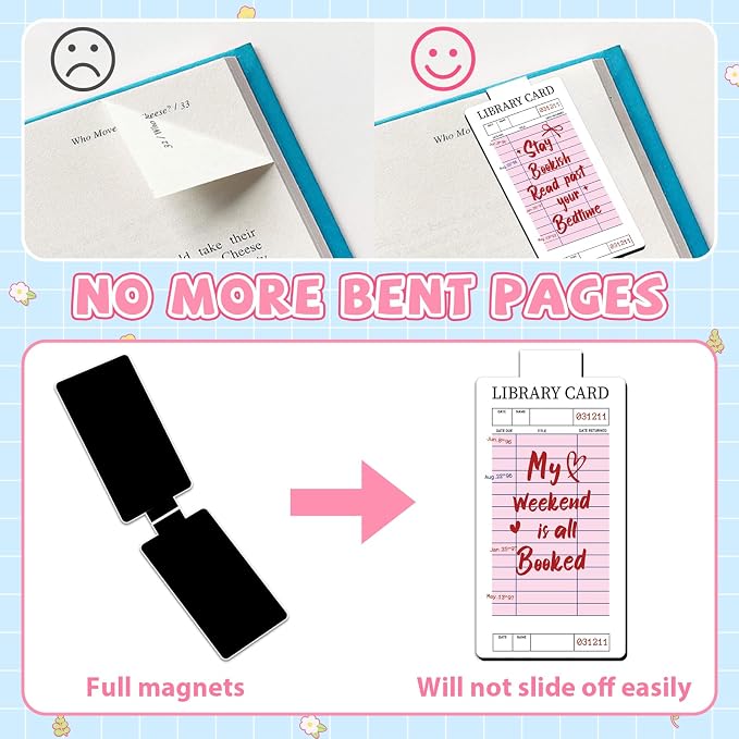 10 Pieces Pink Library Card Magnetic Bookmarks Magnetic Book Marks for Reading Magnet Bookmark Clips for Women Book Lovers Girls Students Reading Accessories Bookish Gift Birthday Gifts