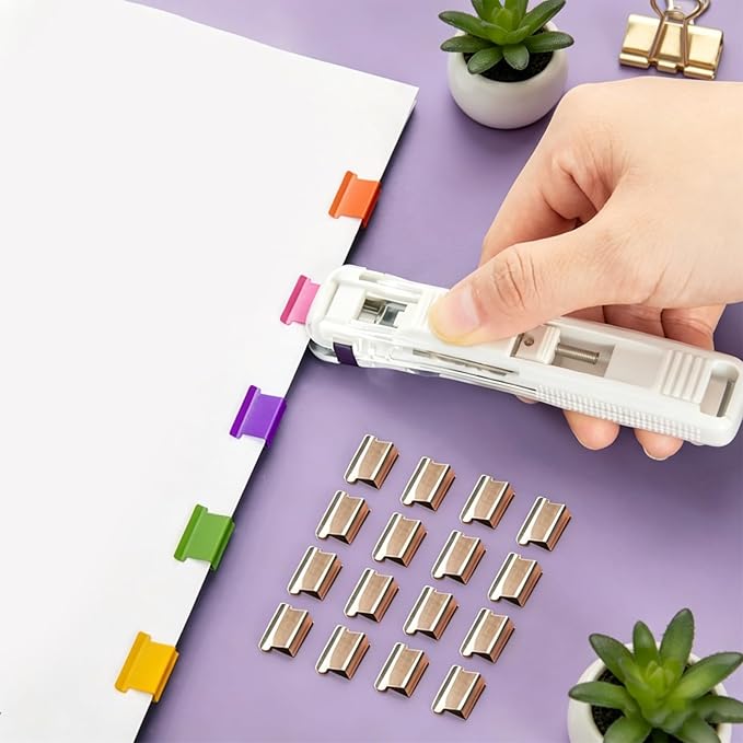 Portable Binder Clip Stapler, Includes 150 Reusable Clips, Push Clip Staplers, Mini Push Stapler Clamp Staplers for Desktop Document Home School Desk Office (N#)