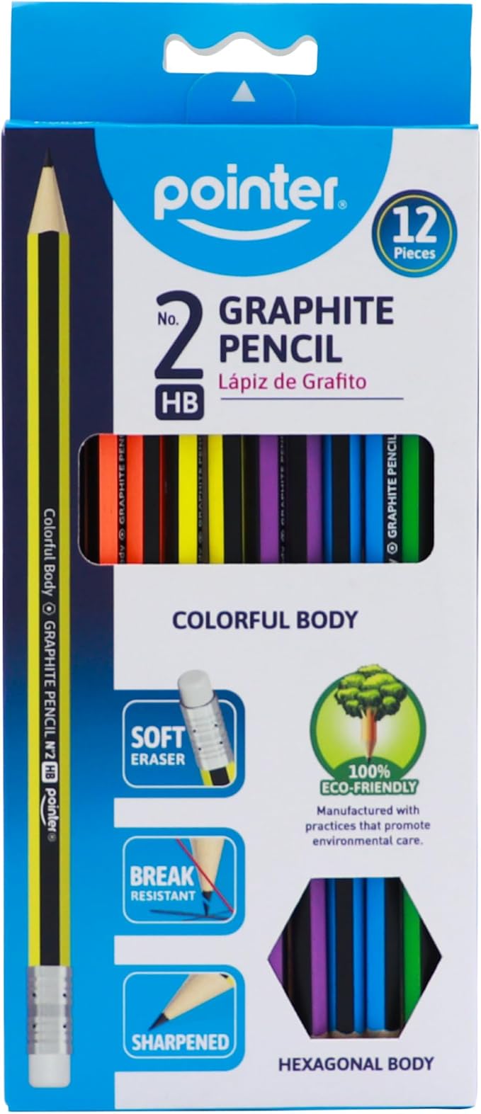 Pointer Wooden Pencils Pre-Sharpened HB Graphite Colorful Assorted Bodies, Hexagonal Grip for Comfortable Use with Soft Erasers Strong Break-Resistant Core Smooth Writing for Classrooms Work - 12Pack