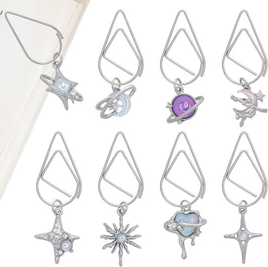 Fantasy Metal Bookmark Gift - 8 PCs Cute Y2K Star Moon Paperclip Book Mark Personalized Page Markers for Reading Lovers Women Girls Birthday Retirement Students Teachers School Accessories