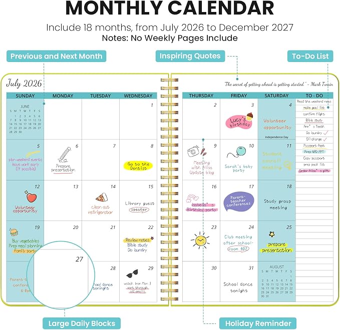 Monthly Planner 2026-2027, 18 Months Calendar Planner 2026-2027, Runs from July 2026 - December 2027, 7" x 10", Perfect for School Office Home Planning - Lemon Yellow