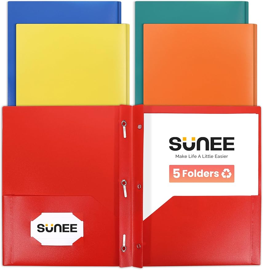 SUNEE Pocket Folders with Prongs(5 Pack, Assorted Colors) Recycled Plastic Folders with Pockets and Prongs Fit Letter Size, Poly Folders with Pockets for School Office Home