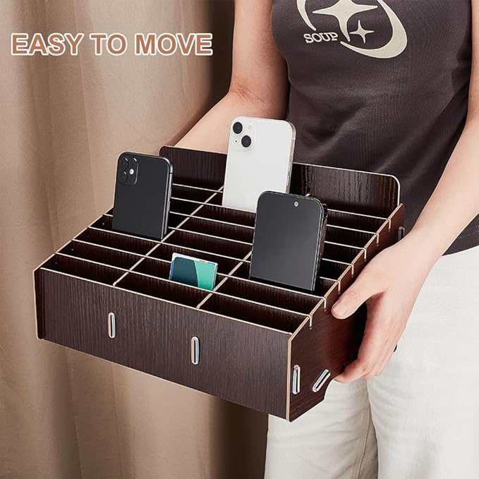 BENECREAT 24-Grid Wooden Mobile Phone Management Storage Box, Black Cell Phone Storage Box Desktop Organizer for Office and School Supplies, Walnut Color