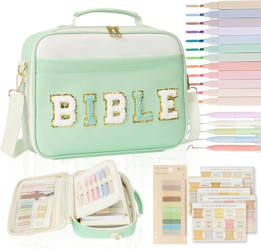 Siwara Bible Cover Case for Women - Large Bible Bag with Bible Study Supplies - Leather Western Bible Cover Carrying Tote Bags - Green