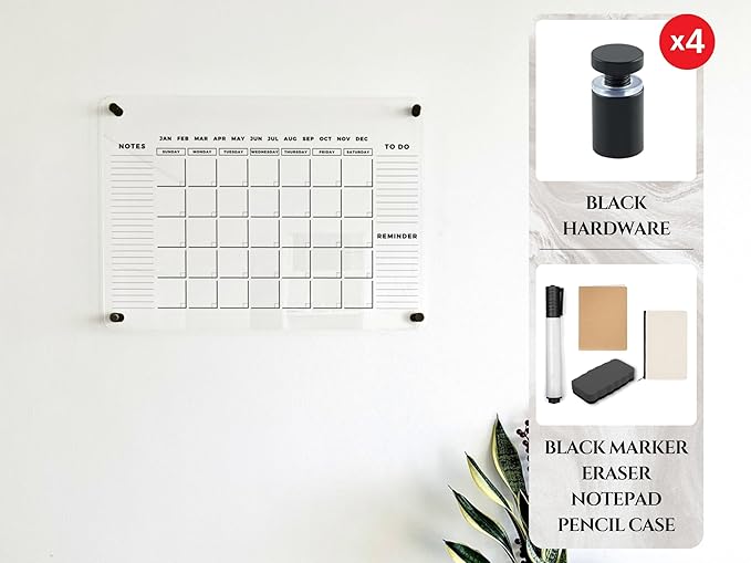 Acrylic Dry Erase Monthly Wall Calendar with 3 Side Headers - Reusable Family Planner, Schedule Organizer Board, Housewarming Gift (Black Standoff, 24"x18")