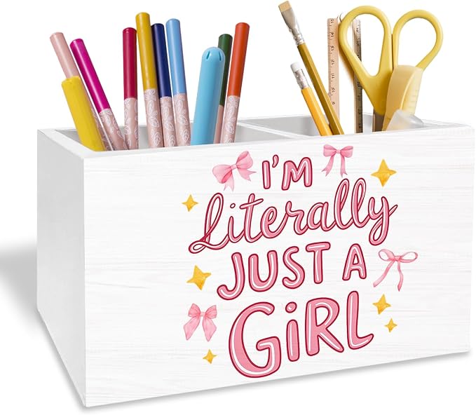 Pink Bow Girly Pen Holder for Desk, Coquette Preppy Pencil Organizer, I'm Literally Just a Girl Trendy Wooden Box Sign Desk Decor for Girls Bedroom Dorm Home Office Decoration