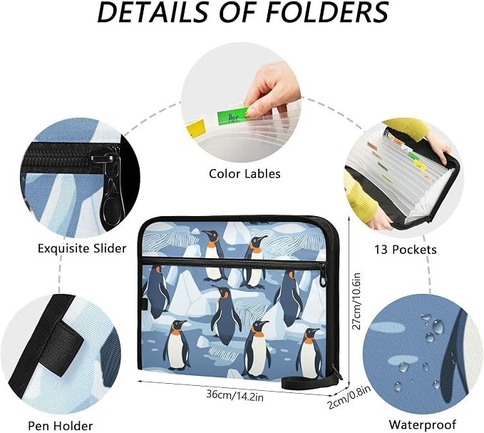 File Folders Penguins on The Ice Plastic Folders with 13 Pockets, Expandable File Folder for Documents School Students Office, Aesthetic Folder with Labels A4 Letter Size