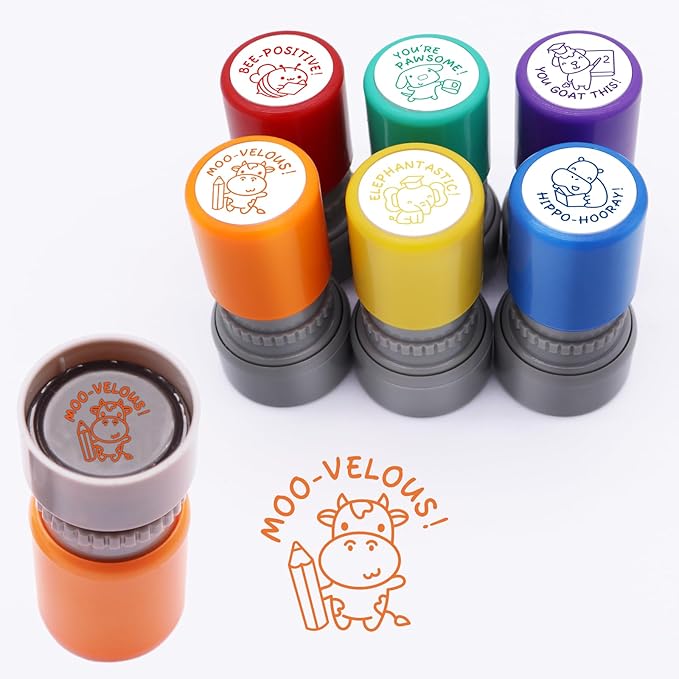 6-Piece Set of Teacher Stamps - Encouraging Animal Grading for Classroom Teacher Stamps for Grading Teacher Stamp Self Inking Stamp Behavior Stamps (Regular)