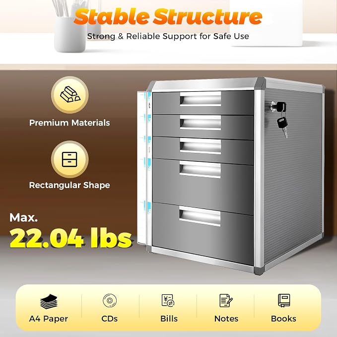 File Cabinet with Drawers Office Document Storage Box Filing Organzier Lockable Desktop Drawer Organizer for Papers Mail Notebooks Stationery (5-layer)