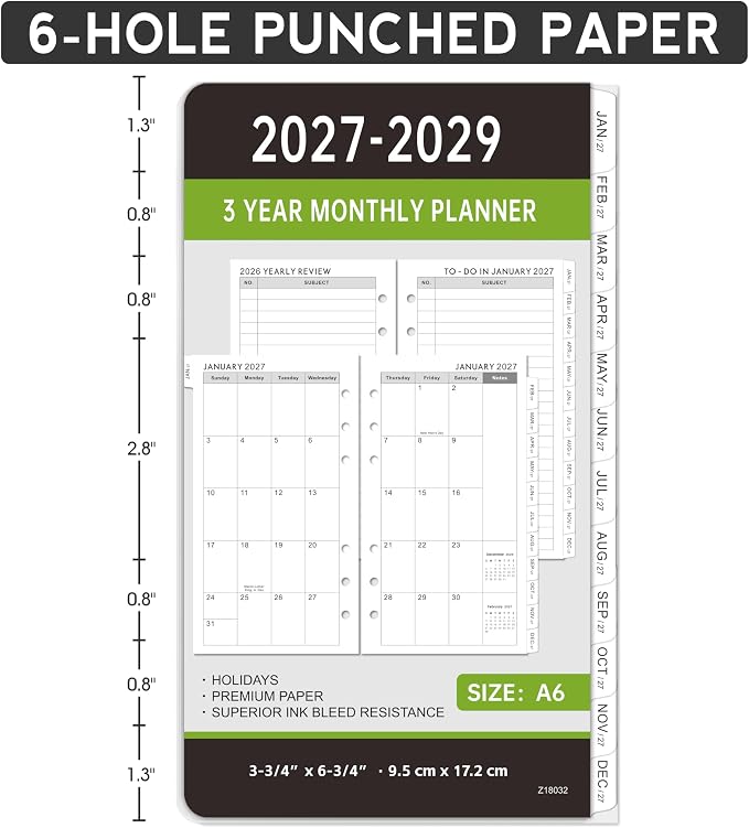 2027-2029 Monthly Planner Refill - A6 Size, Planner Inserts with 6-Hole Punched, JAN 2027 - DEC 2029, Two Pages Per Month, 2027-2029 Monthly Calendar with Tabs