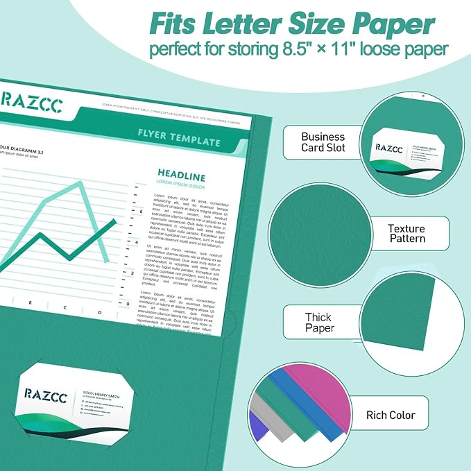 Two Pocket Folders, RAZCC 75 Pack File Folders with Pockets Fit Letter Size Paper, Thick Paper File Folder for School Office Business Home, Assorted 5 Colors