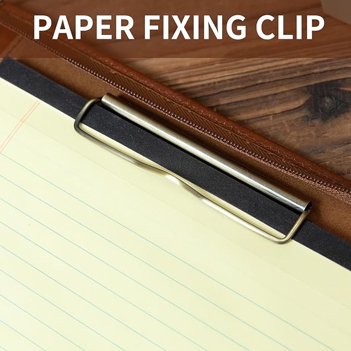 YIWEN Handmade Leather Portfolio with Handle – Zippered Front Pocket, Clip for Letter Size Notepad, Business Travel Padfolio