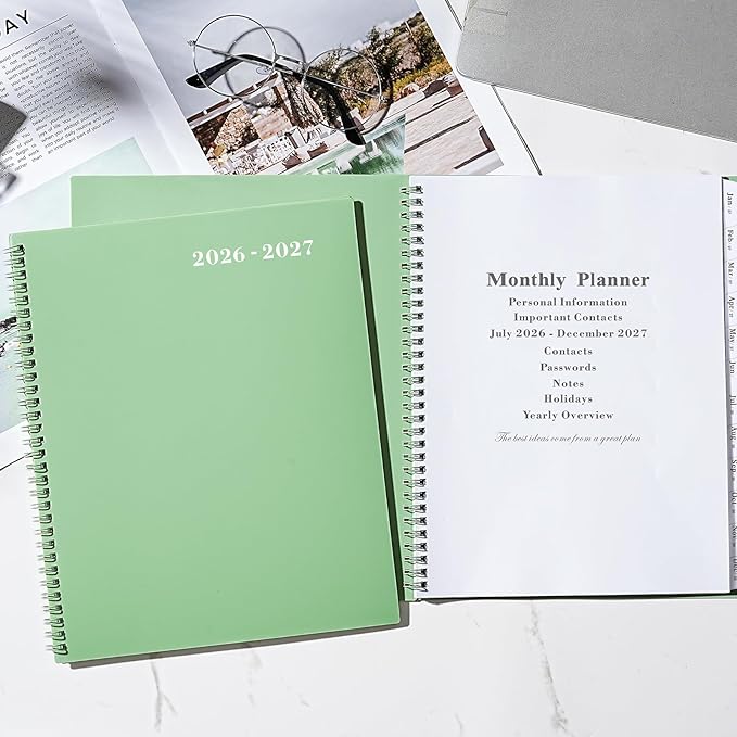 2026-2027 Monthly Planner - Planner/Calendar 2026-2027, Jul 2026 - DEC 2027, 9" x 11", 26-27 Academic Planner with Thick Paper, Twin-Wire Binding, Monthly Planner with Tabs & Pocket & Label, Green