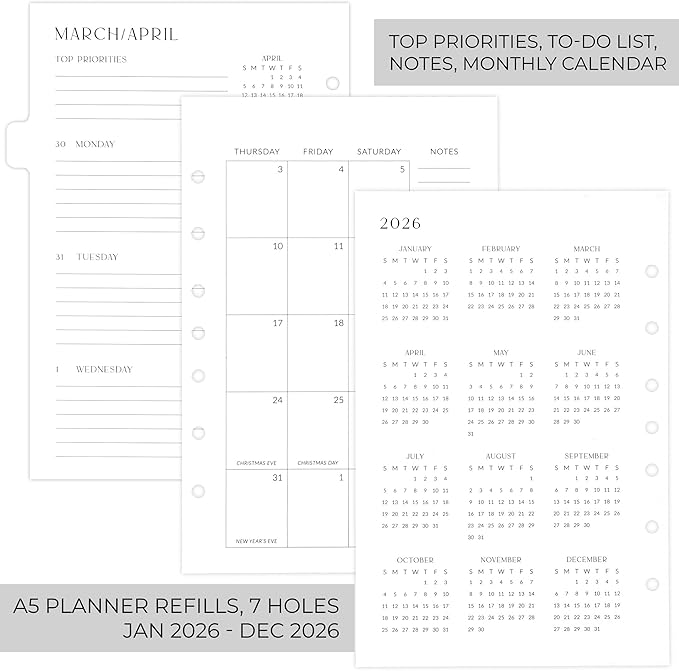 Beautiful 2026 Daily Planner Inserts for 7 Ring Binders – Durable A5 Paper Refill Set 5.5" x 8.3" - Refills Incl. Tabs & Monthly Calendar Spreads - From January 2026 - December 2026