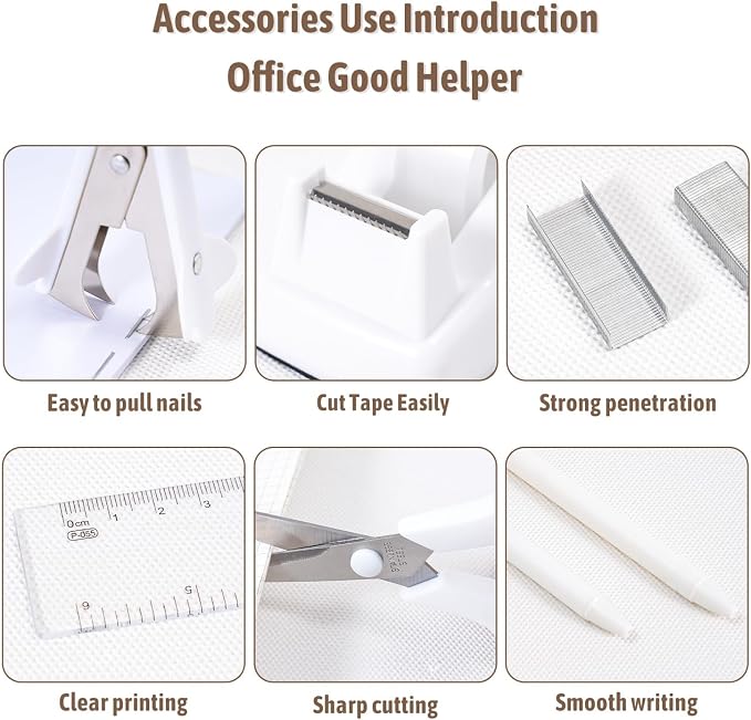Gawsey White Desk Organizers and Accessories with Desk Organizer 360° Rotating Pen Holder and Office Supplies, Cute Stationery Supplies Set