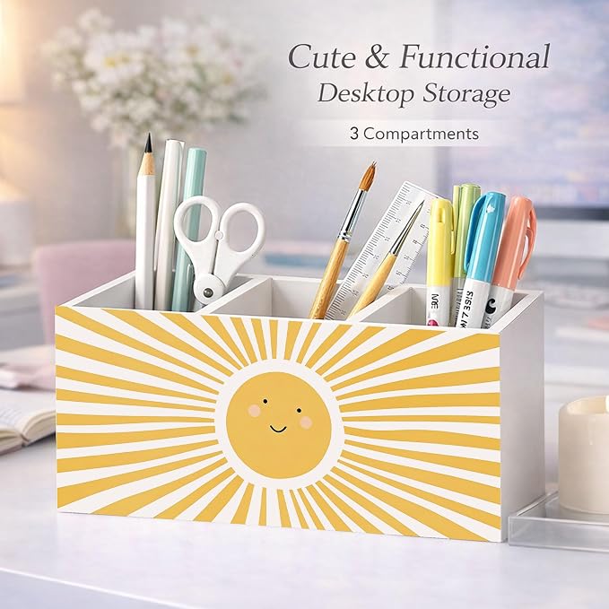 Cute Sun Desk Organizer, Wooden Pen Holder with Smiling Sun Design, Office Desk Accessories, Pencil Holder for Home, Study, School Supplies