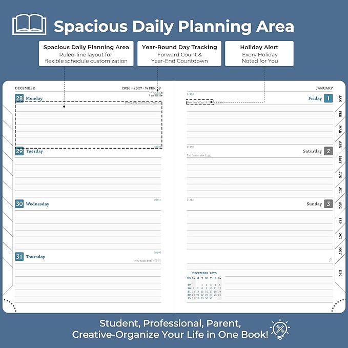 Weekly Monthly 2026-2027 Planner (July 26-Dec 27),8.5"x6.5",18 Months Agenda Plan with Month Tabs & Pocket,Expenses/Note Pages, Academic Calendar with Vegan Leather Cover,Blue