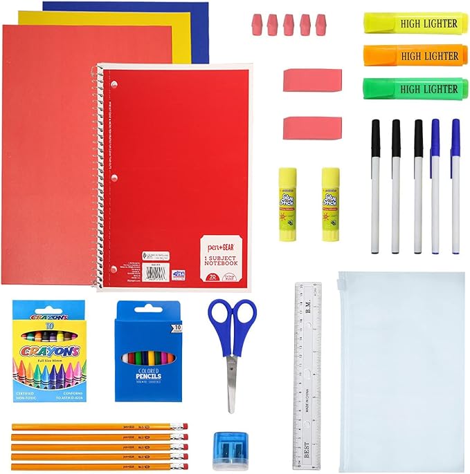 Moda West 50 Piece Bulk School Supplies Kits - Pens, Pencils, Crayons, and More - Value Pack of 24 Kits - Essential Box of School Supplies for Elementary, Middle, and High School Students