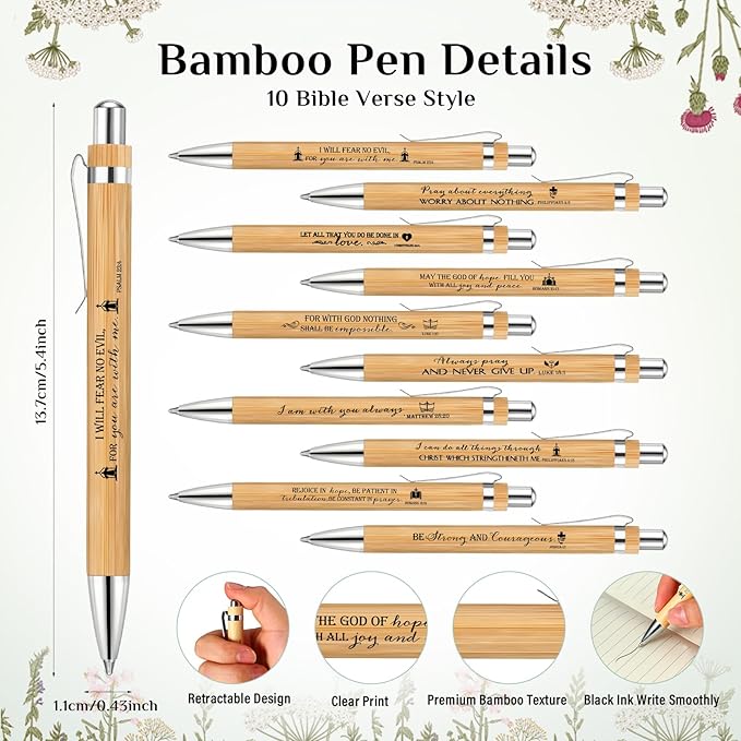 10 Set Christian Religious Gifts Bulk Include Bible Verse Pens and Inspirational Bookmarks Scripture Quote Bible Study Group Church Gifts for Christian Graduation Mother's Day Pastor (Bamboo)