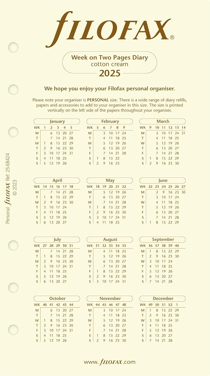 Filofax Calendar Diary Refill, Personal/Compact Size, Week-to-View, Cotton Cream Paper, Unruled, English, 2025 (C68424-25)
