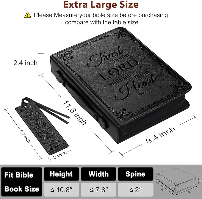 Extra Large Bible Cover Case for Men Women, Mens Bible Covers Cases Leather Bible Cover Carrying Case for Women Men with Handle Zippered Bible Book Cover Holder Bag Case(Black, XL)