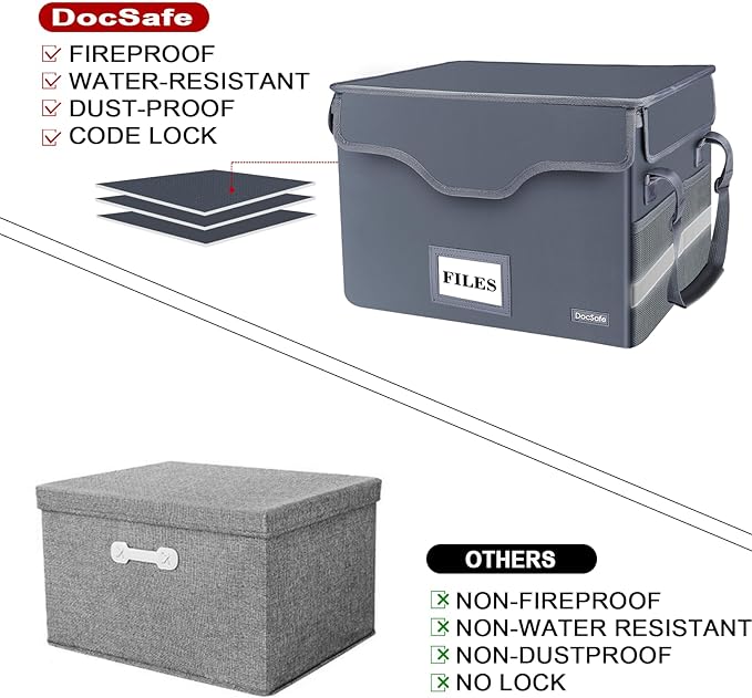 DocSafe Fireproof Document Box with Lock,File Storage Organizer with Zipper Pockets,Collapsible Portable File Box Home Office Safe Filing Cabinet with Handle for Hanging Letter/Legal Folders,Gray