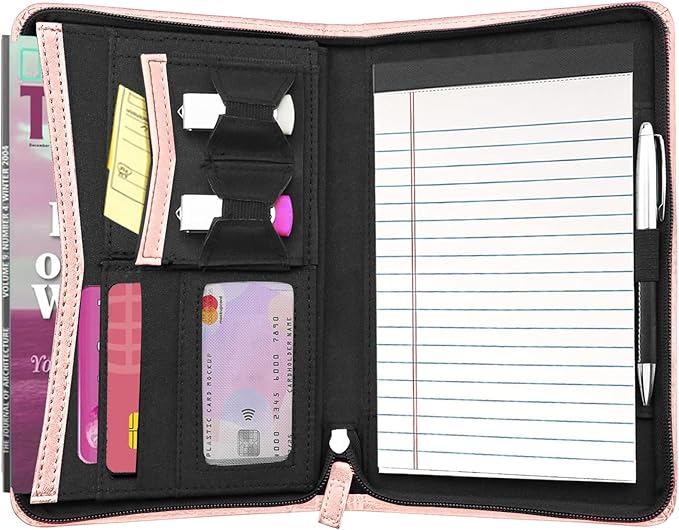 Junior Padfolio/Resume Portfolio Binder with Refillable Lined Notepad, A5 Padfolio Folder, Business Portfolio, Multi-Function Case, A5 Writing Pad Included, Pink.