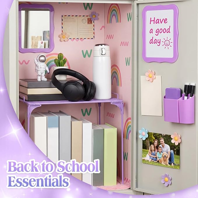 Colarr 16 Pcs Purple Locker Accessories for Girls Includes Magnetic Whiteboard & Mirror Locker Shelf Pen Holder 2 Dry Erase Marker & Eraser 9 Flowers for Back to School Essentials Decoration