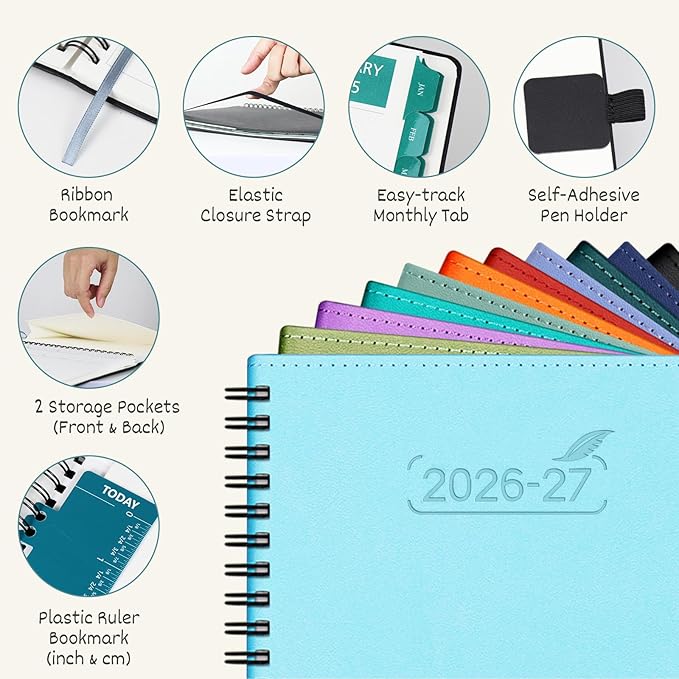 BEZEND Monthly Planner 2026-2027 (Spiral-7" x 9") 2 Year Calendar Book with Note Pages - Jan 26 to Dec 27-120 GSM Paper, Inner Pockets, Laminated Tabs, Vegan Leather Softcover - Blueberry