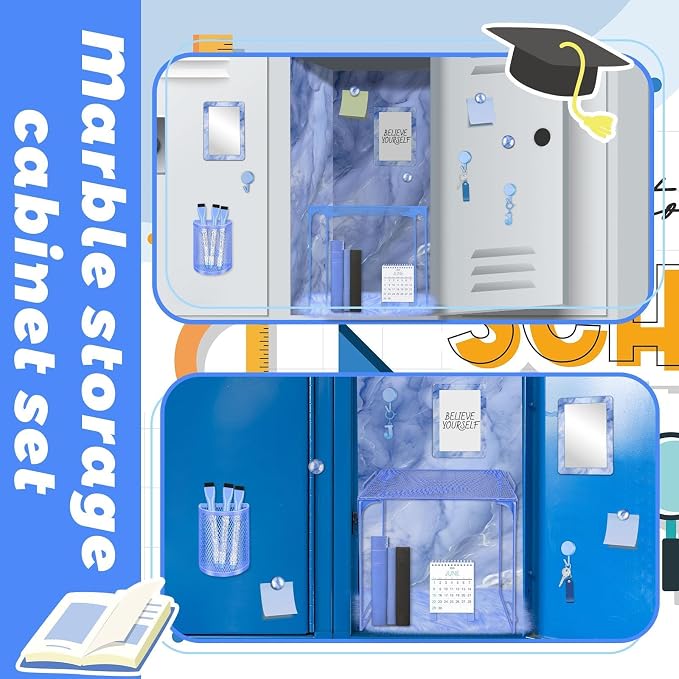 Demonwer Blue Locker Accessories Kit Locker Organizer Magnetic Mirror Whiteboard Pen Holder Small Carpet for Storage Organizing Shelf Back to School Party Supply