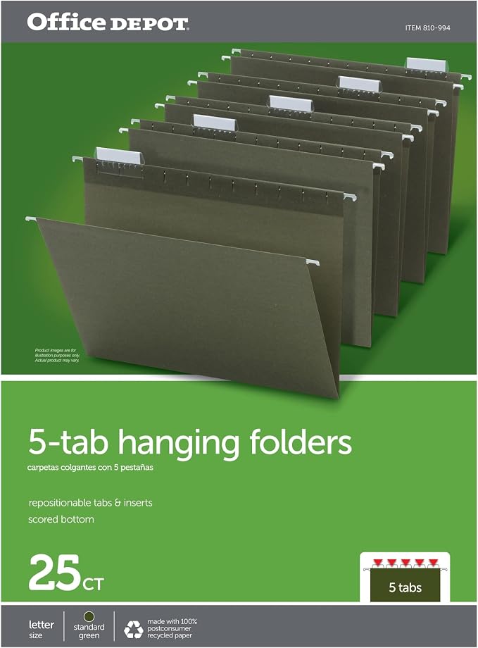 Office Depot Standard Green Hanging Folders, 1/5 Cut, Letter Size, Box Of 25