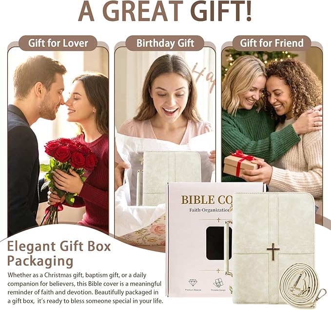 Classic Leather Bible Cover Case with Cross Design and Handle & Shoulder Strap for Women, Durable Bible Study Supplies Organizer Carrying Bag, Christmas Gifts for Christians with Gift Box（Beige