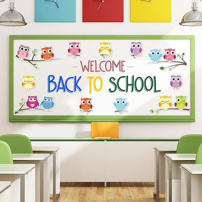 AnyDesign 54 Pcs Back to School Cutouts with 120 Pcs Glue Points Colorful Owls Cut-Outs Name Tags Labels Bulletin Board Decoration for Classroom Kindergarten First Day of School Decorations
