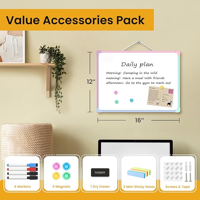 Colorful Frame Small Dry Erase Board for Wall, 16" x 12" Double-Sided Hanging Whiteboard with 4 Markers, 4 Magnets and 3 Mini Sticky Notes, Portable Whiteboard for Home, Office, School