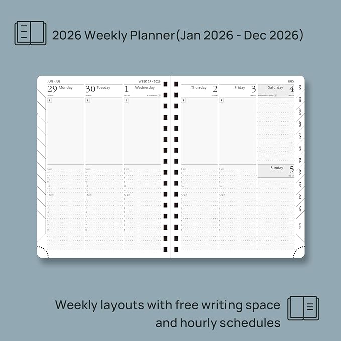 POPRUN 2026 Planner Daily Weekly and Monthly Calendar with Hourly Schedule(Medium Size 8.5'' x 6.25'' Wire-Bound Hard Cover) - Agenda 2026 (Jan.2026-Dec.2026), Monthly Tabs - Pacific Green