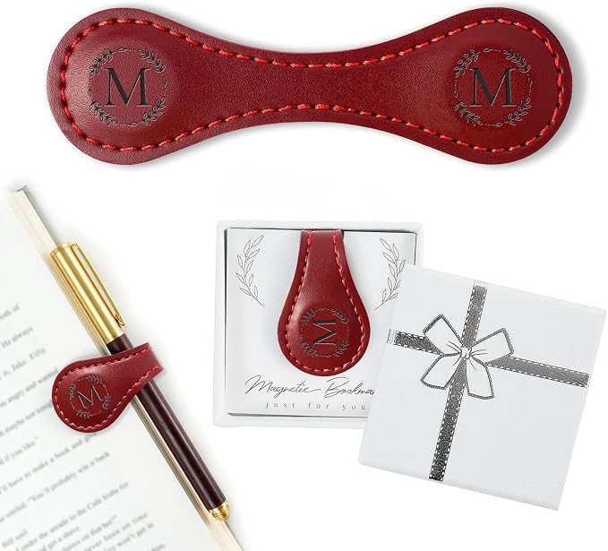 Personalized Leather Magnetic Bookmark with Pen Holder – Custom Initial Design for Readers（RED-M）