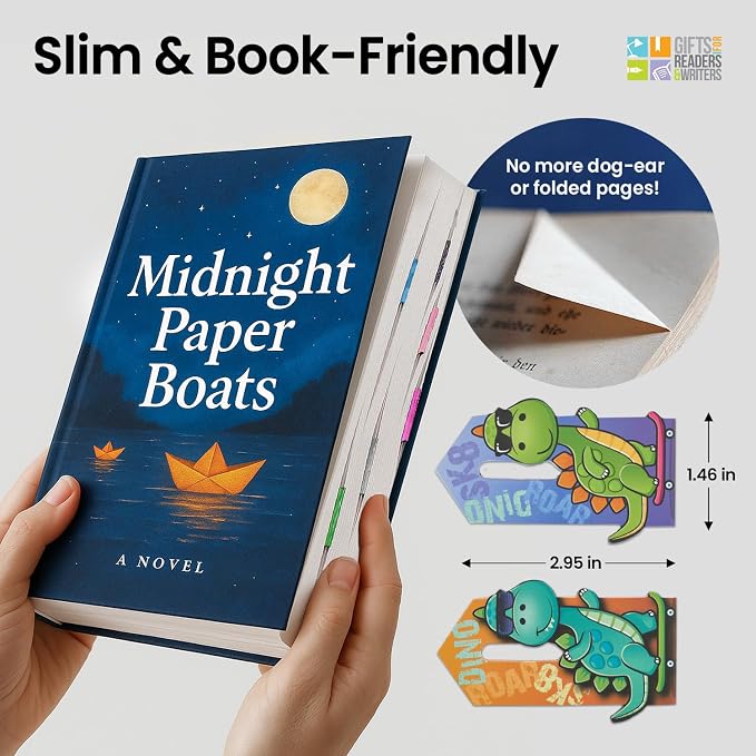 Gifts for Readers & Writers Linemarker Bookmark, 2 Pack Magnetic Bookmarks, Includes Line Finder Slit for Easy Line Tracking, Small & Cute Stationery, Book Page Holder, Reading Accessories, Dino