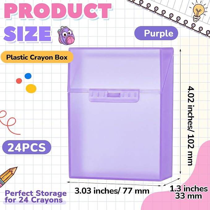Clabby 24 Pcs Plastic Crayon Organizer Case for 24 Count Crayons Kids Art Supply Storage Box with Lid, Portable Holder for Classroom Home Travel, Fits Standard 24-Pack Crayon (Purple)