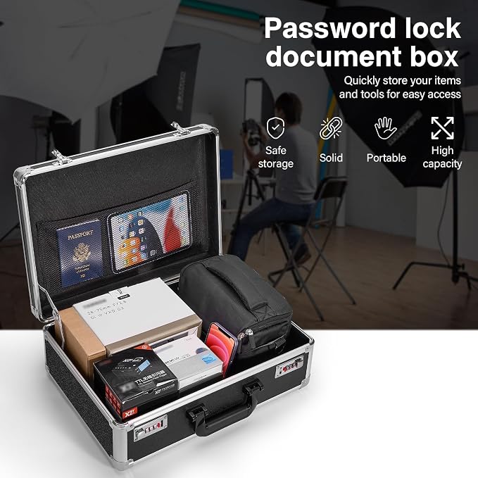 LOCKCURX File Organizer Storage Box - 16.9 x 12.2 x 6.3 Inch Large, Portable Locking Storage Totes with Dual Combination Locks for Cash, Documents & Valuables - Black