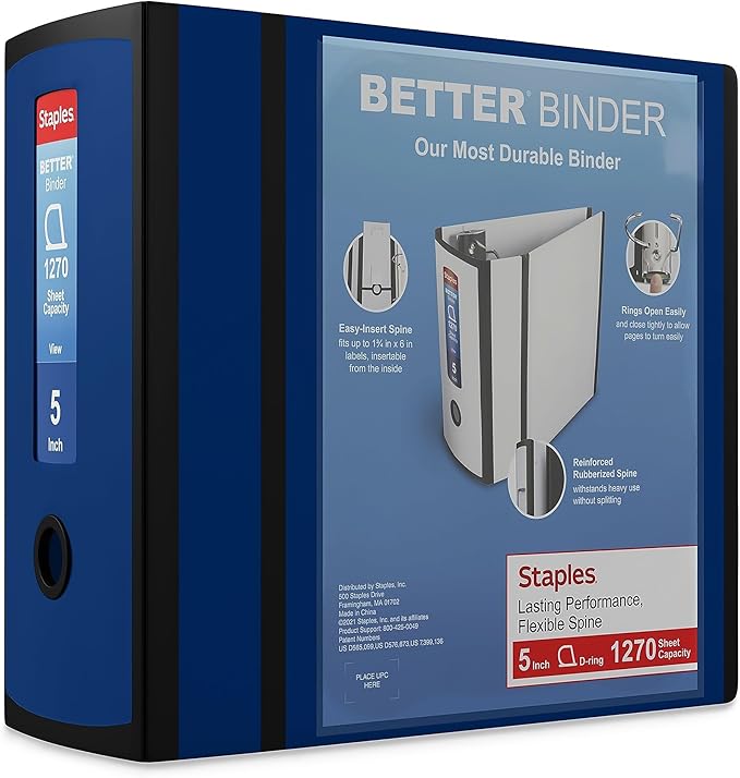Staples Better Binder, 5" D‑Ring Heavy‑Duty View Binder, Blue, Reinforced Spine, High‑Capacity 3‑Ring Binder, Holds up to 1,000 Sheets