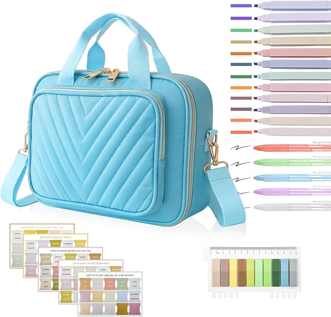 Large Bible Bag with Study Supplies, Womens Bible Cover Journaling Kit w/Highlighters Tabs, Blue Girls Bible Case, Quilted Ladies Book Travel Case w/Shoulder Strap, Christian Gifts for Teen