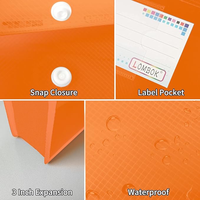 Plastic File Folders Legal Size Expandable Document Folder with Snap Button Closure, B4 Expanding File Wallet Envelopes Pouch with Label Pocket, 2 Packs, Orange