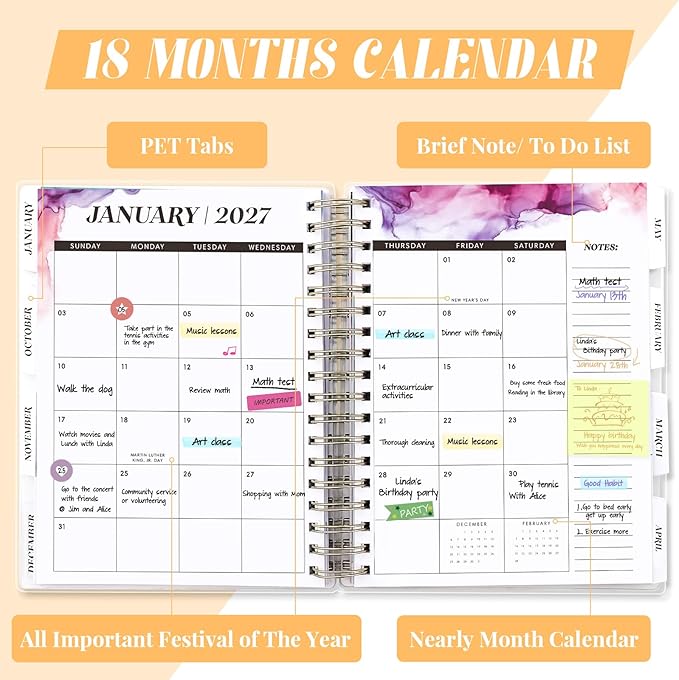 Planner 2026-2027, Large 18 Months Academic Daily Weekly Monthly Planner Yearly Agenda Jan. 2026–June. 2027, 7.9" x 9.8", Page Tabs, Separator Page, Pocket Folder, Bookmark, Stickers, Sticky Note Set