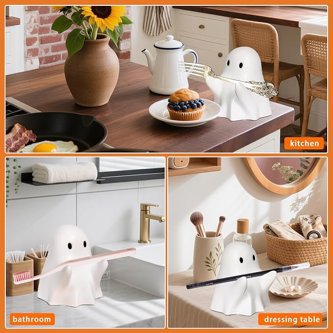 Halloween Ghost Pen Holder Figurine, Spooky Resin Ghost Statue, Cute Pencil Stand for Home Office Desktop Decoration, Funny Desk Organizer Accessory