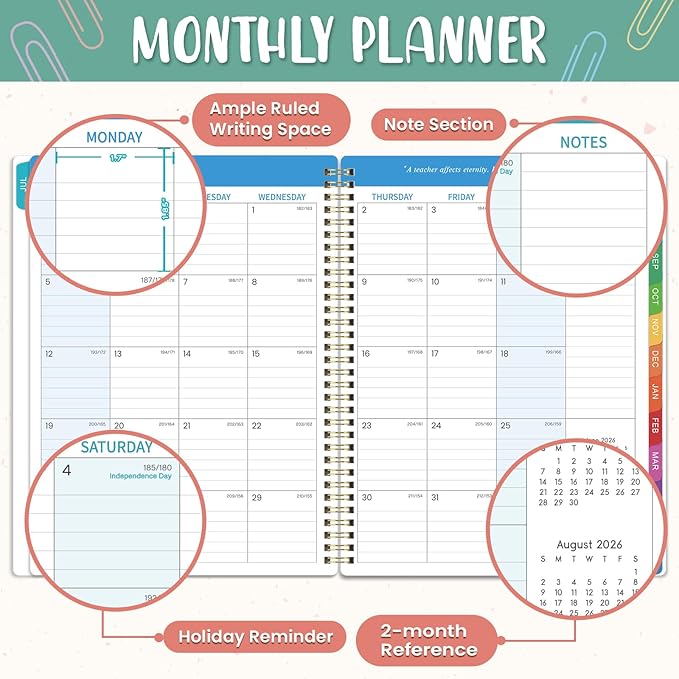 Teacher Planner 2026-2027 - Teacher Lesson Planners 2026-2027 from July 2026- June 2027, Academic Planner for School Year with Colorful Tabs and Inner Pocket, 8.5" x 11"